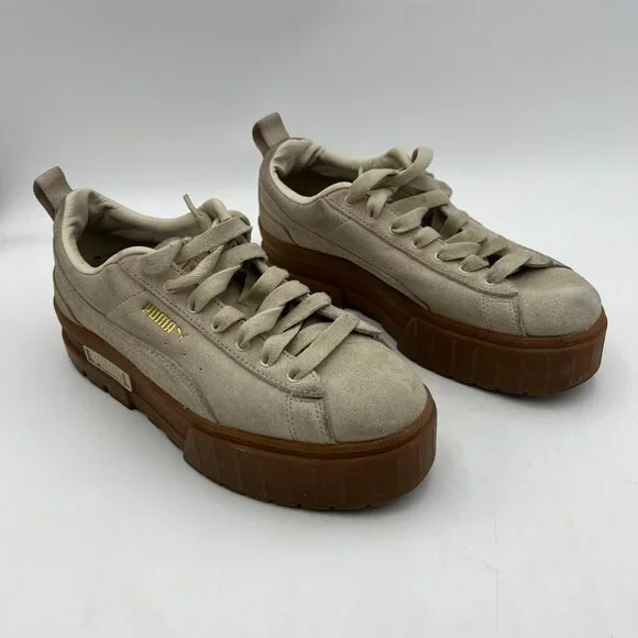 Puma Mayze Platform Beige Brushed Suede Sneakers Size 8.5 - Picture 4 of 12